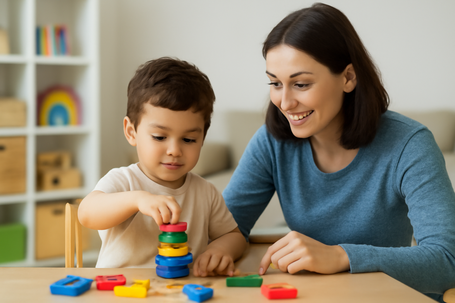 Photo of a young child under 5 engaged in playbased learning activity with a therapist or parent-1